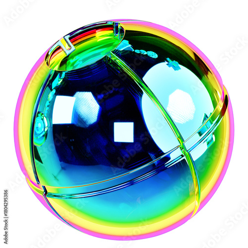 Futuristic orb with vibrant rainbow sheen and reflections
