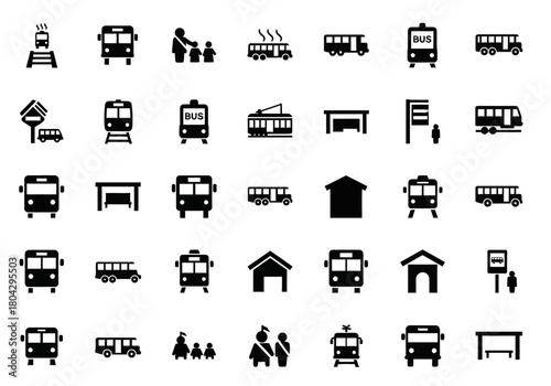 Collection of minimalist bus and train public transit vector icons. Includes symbols for stations, stops, passengers, and vehicles
