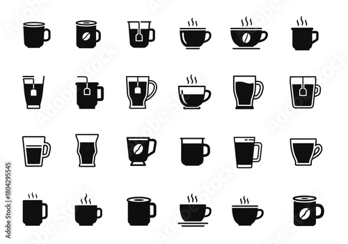 A comprehensive vector glyph icon set featuring various styles of coffee mugs, teacups, and hot beverage containers