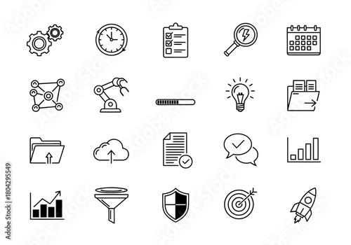Set of black thin line icons representing business process automation, project management, data analysis, and technology startup concepts