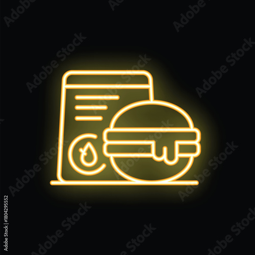 Neon sign illustrating ordering food online with water footprint label, promoting sustainable food delivery and eco conscious choices