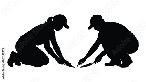 Silhouettes of gardeners working isolated on white background, Vector