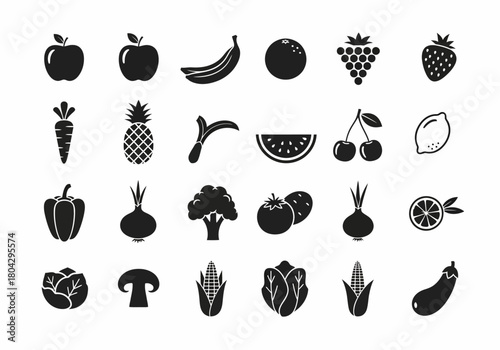Vector collection of black glyph icons featuring various fruits and vegetables for healthy eating and food market concepts