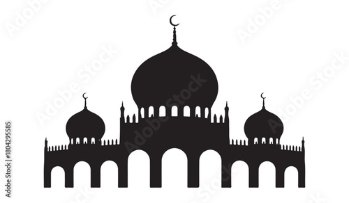  Silhouette of a grand mosque with multiple domes and minarets against a white background
