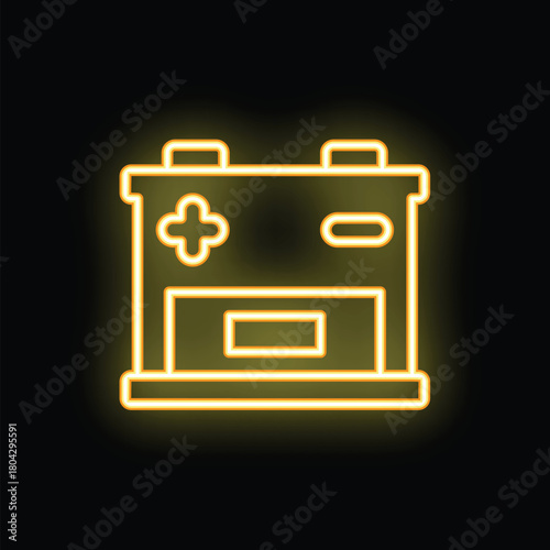 Yellow glowing neon accumulator icon on dark background representing electric energy storage, power supply, and automotive parts