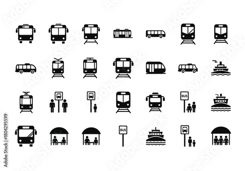 Public transportation icon set with bus, train, and ferry symbols. A collection of simple black vector glyphs for transit