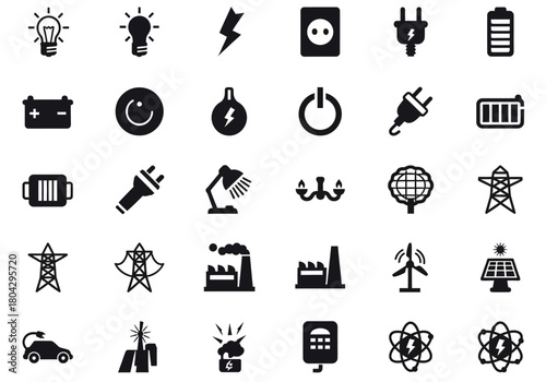 Vector icon set for electricity and power generation concepts, featuring sustainable energy symbols, technology glyphs, and industry pictograms