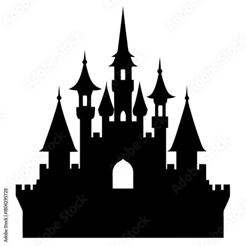 Fairytale castle silhouette with spires, turrets, and arched entrance