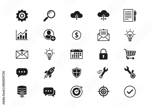 Universal glyph icons set for business, finance, and technology concepts like SEO, cloud computing, data analysis, and project management