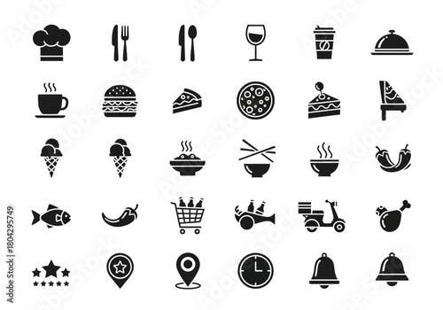 Food and restaurant silhouette icon collection. Vector graphic set including symbols for cafe, cooking, delivery, and dining elements