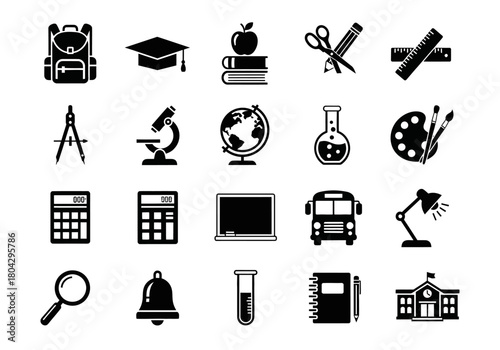 A set of black silhouette school and education icons representing learning, science, and art supplies for graphic design projects npm41.eps