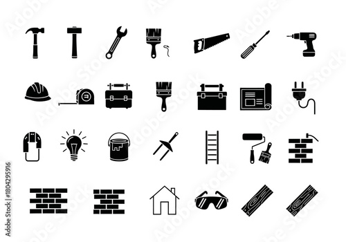 Vector set of silhouette icons for construction industry, DIY projects, and handyman services, including tools and safety gear