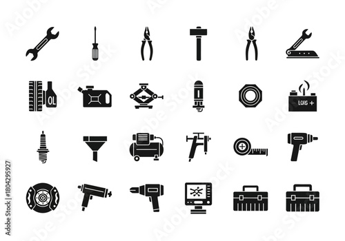 Collection of black glyph icons for car repair and auto mechanic services. Vector tool and equipment symbols for transport maintenance