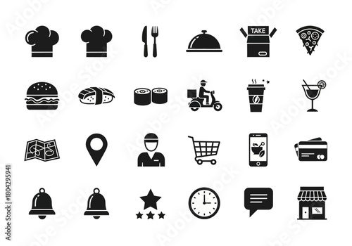 Food delivery and restaurant service vector icon set. Glyph symbols for online ordering, takeout, dining, and mobile apps