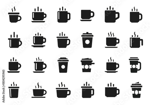 Set of black coffee and tea cup glyph icons. Vector collection of hot drink symbols, mugs, and takeaway cups for web and graphic design