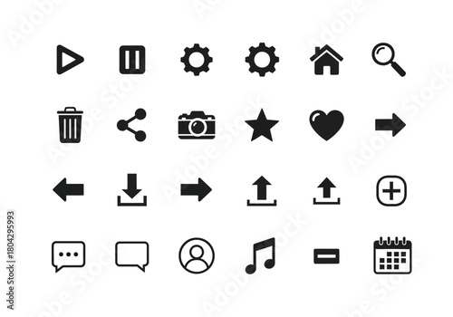 A versatile set of universal black glyph icons for user interface design, perfect for web, mobile apps, and software development projects