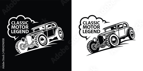 Classic motor legend vintage hot rod car illustration with text in a speech bubble