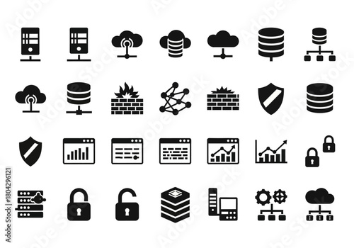 A comprehensive glyph icon set representing concepts of data centers, cloud hosting, and network security