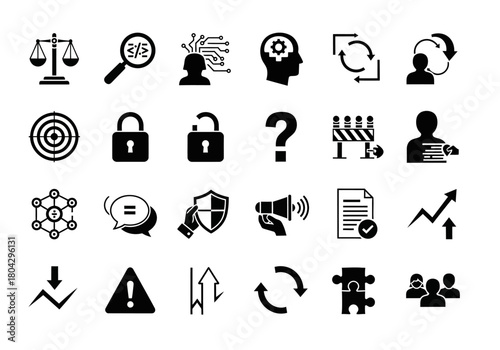 A versatile set of monochrome glyph icons representing concepts of business strategy, data security, and process management