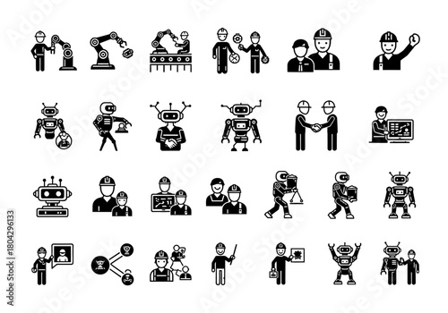 Solid glyph icon collection illustrating the partnership between humans and robots in modern industrial automation and artificial intelligence