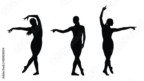 Three ballerina silhouettes isolated on white background, Vector
