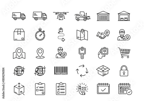 Collection of thin line icons for global logistics and cargo transport. Vector symbols for delivery and supply chain management