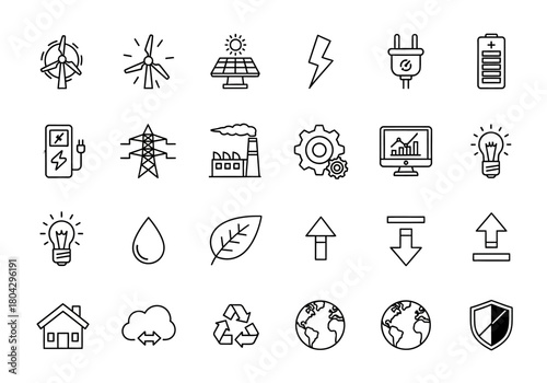 A comprehensive line icon set representing themes of renewable energy, sustainability, technology, and environmental conservation npm93