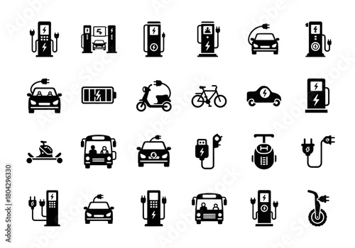 Set of electric vehicle icons representing EV charging stations, sustainable e-mobility, and green transport technology