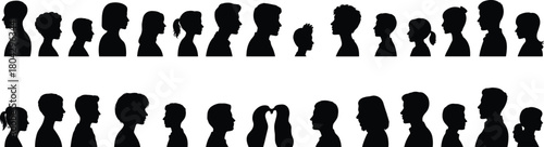 Diverse people silhouette, profile vector, human face icons, black head shapes, community unity, heart shape art, inclusion illustration