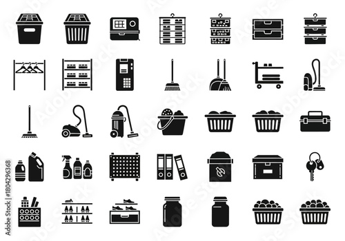 Solid glyph icon set for household organization and cleaning. Vector symbols of janitorial supplies, storage solutions, and home utility equipment