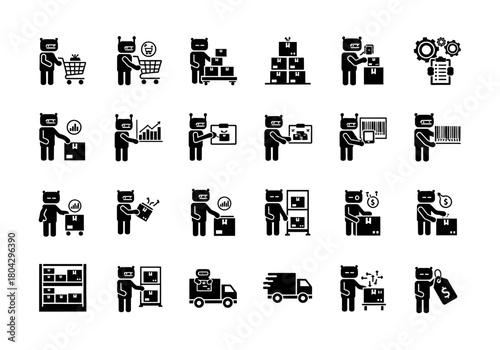 E-commerce order fulfillment and warehouse management system icons showing a robot character in various supply chain roles