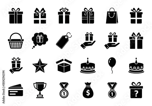 A comprehensive vector icon collection featuring gifts, shopping baskets, birthday cakes, and rewards. Solid black glyph set for commerce