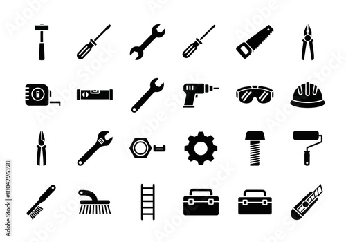 Glyph icon collection of industrial workshop tools. Vector graphic set for construction, repair, and building themes eps file