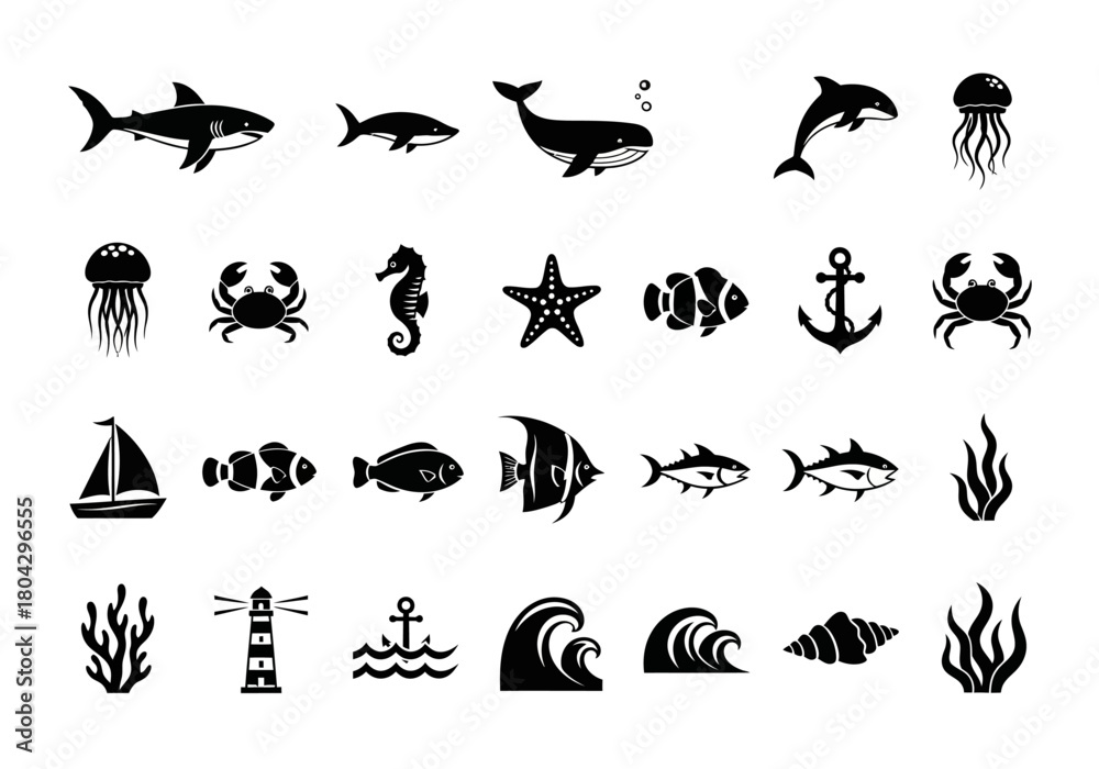 Naklejka premium A comprehensive set of black and white vector icons depicting marine life and nautical elements, including sharks, whales, and sailboats