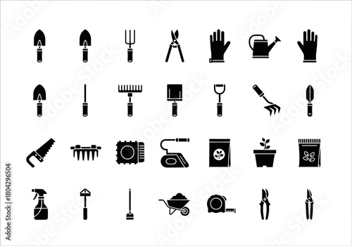 A versatile collection of thirty black gardening and horticulture tool icons, a vector glyph set for agriculture and landscaping design elements