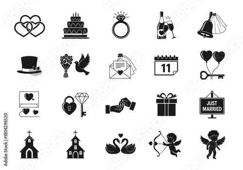 Set of black and white wedding icons, including symbols for love, marriage, and romantic celebrations, isolated on a white background