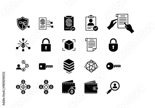 A collection of solid glyph icons representing blockchain technology, cybersecurity, and digital identity verification concepts