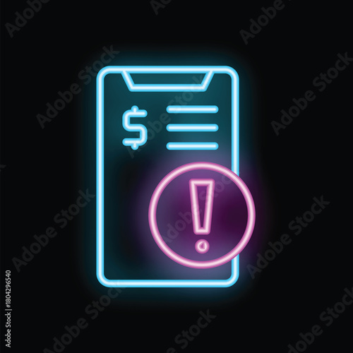 Neon online payment error showing warning notification on smartphone screen with dollar sign, representing mobile banking problems and financial technology challenges