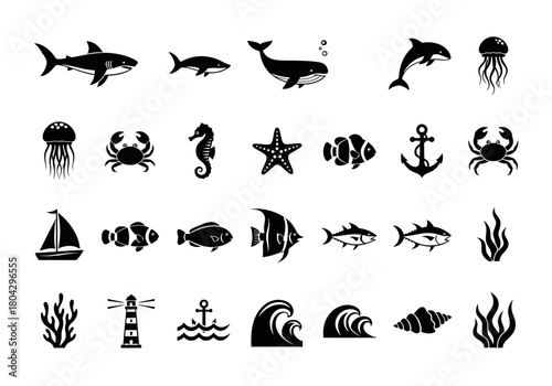 A comprehensive set of black and white vector icons depicting marine life and nautical elements, including sharks, whales, and sailboats
