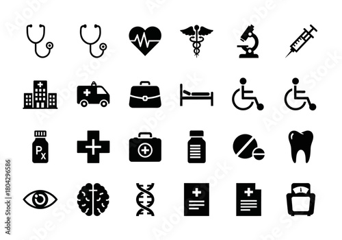 A comprehensive collection of black solid glyph icons representing medical, healthcare, and hospital services symbols