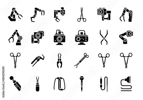 Glyph icon set of industrial robotic arms and medical surgery tools for automation and healthcare npm147