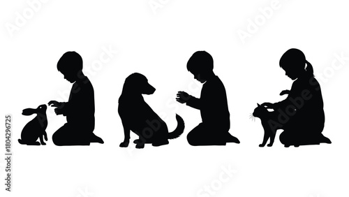 Children and pets silhouette collection isolated on white background, Vector