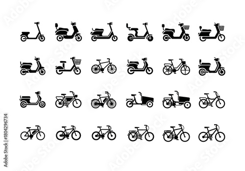 Collection of urban transport icons including electric bike, scooter, and moped. Eco-friendly personal mobility silhouette set. npm155