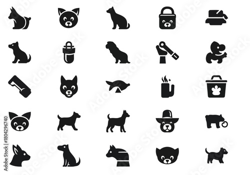 A vector collection of simple black glyph icons for dogs and pet care. This set includes various canine breeds, puppy symbols, and animal accessories