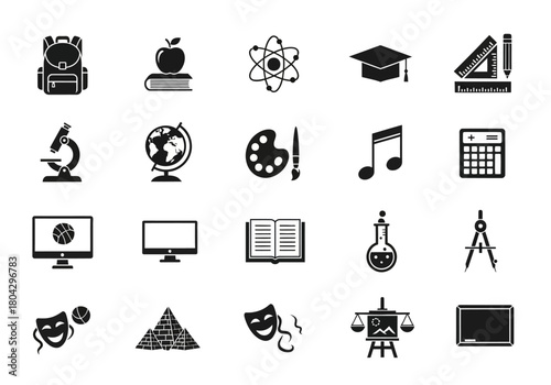 A diverse set of solid black glyph icons representing various school subjects, academic disciplines, and educational tools for learning concepts
