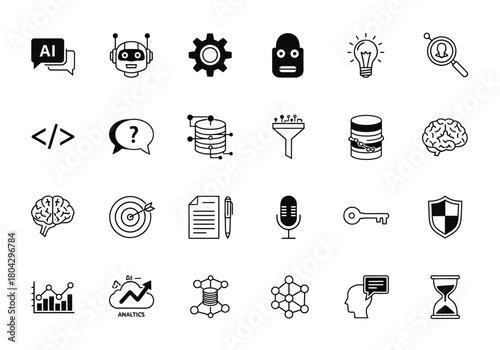 A collection of thin line vector icons representing concepts in artificial intelligence, data science, and machine learning