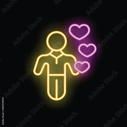Neon yellow person holding neon pink hearts, representing concepts like love, charity, donation, healthcare, and kindness