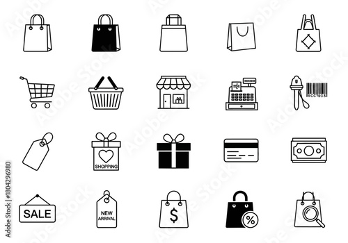 Simple black and white icons for retail business and online stores, featuring essential e-commerce symbols from the npm169