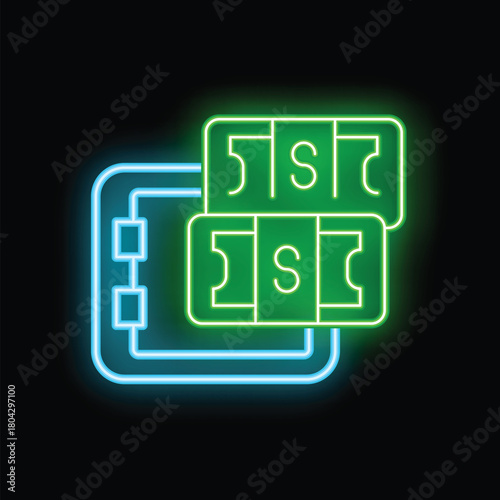 Glowing neon green tickets for sport match with mobile phone on black background