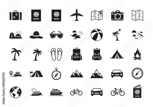 Collection of solid glyph icons for travel and vacation. Set of symbols for tourism, journey, and adventure, including passport, airplane, and beach elements